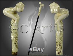 Collectible Walking Stick Cane Naked Sexy Girl Ivory Color Handmade Wooden