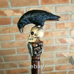 Collectible Wooden Walking Stick Rare Black Crow & Skull Walking Cane Goth Vinta