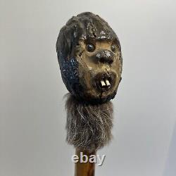 Custom Wood Hand Carved Face Wooden 57 Walking Stick Cane Glass Eyes Beaver Fur