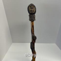 Custom Wood Hand Carved Face Wooden 57 Walking Stick Cane Glass Eyes Beaver Fur