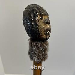 Custom Wood Hand Carved Face Wooden 57 Walking Stick Cane Glass Eyes Beaver Fur