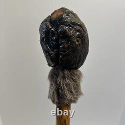 Custom Wood Hand Carved Face Wooden 57 Walking Stick Cane Glass Eyes Beaver Fur