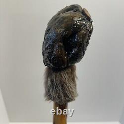 Custom Wood Hand Carved Face Wooden 57 Walking Stick Cane Glass Eyes Beaver Fur