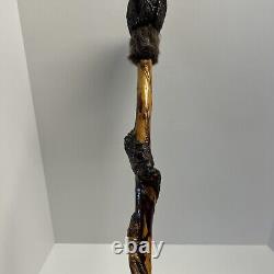 Custom Wood Hand Carved Face Wooden 57 Walking Stick Cane Glass Eyes Beaver Fur