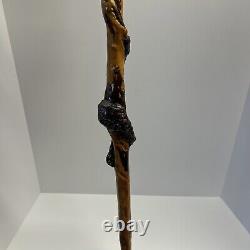 Custom Wood Hand Carved Face Wooden 57 Walking Stick Cane Glass Eyes Beaver Fur