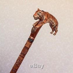 Custom walking cane with Tiger Hand carved handle Wooden stick Tiger cane Hiking