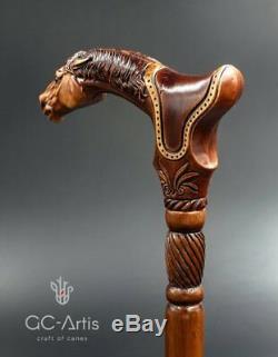 Designer Art Wooden Cane Walking Stick Horse with Saddle Animal Wood Carved Walk