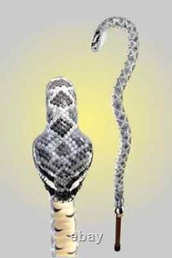 Diamondback rattlesnake wooden walking cane full body, hand carved cane art wood