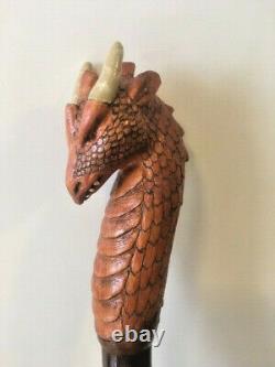 Dragon Head Wooden Walking Satff. Light Hiking Stick With Brass Tip Hand Carved