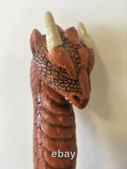 Dragon Head Wooden Walking Satff. Light Hiking Stick With Brass Tip Hand Carved