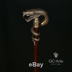 Dragon Snake walking stick bronze cane brass handle wooden shaft collectible