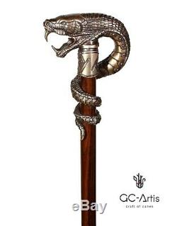 Dragon Snake walking stick bronze cane brass handle wooden shaft collectible