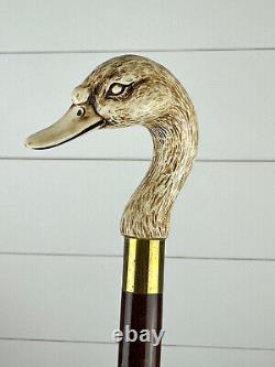 Duck Head Walking Stick Cane Wooden Hand Carved Resin Bird Brass Artisan 36