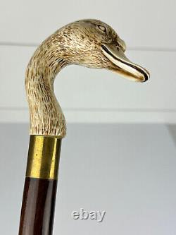 Duck Head Walking Stick Cane Wooden Hand Carved Resin Bird Brass Artisan 36