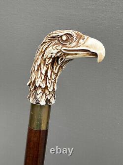 Eagle Head Walking Stick Cane Wooden Hand Carved Resin Bird Brass Artisan 36