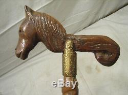 Early Hand Carved Horse Folk Art Wooden Walking Cane Equestrian Stick