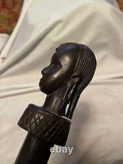 Early antique African hand carved wooden staff cane walking stick w woman head