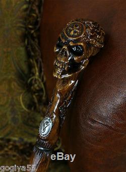 Egypt Skull Wooden Walking Stick Cane Hiking Staff Hand Carved Ankh Knob Handle