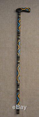 Egyptian Handcrafted Amber & Turquoise Inlaid Ebony Wooden Walking Cane Stick #9