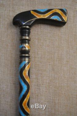 Egyptian Handcrafted Amber & Turquoise Inlaid Ebony Wooden Walking Cane Stick #9