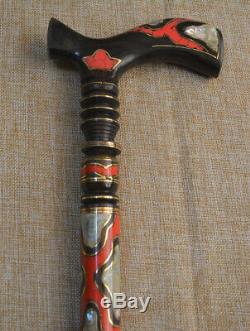 Egyptian Handcrafted Coral & Mother of PeaI Ebony Wooden Walking Cane Stick