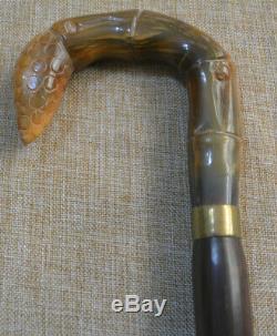 Egyptian Handcrafted Ebony Wood Walking Cane, Buffalo Horn Handle Wooden Stick
