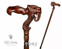 Elephant Cane Wooden Walking Stick Anatomic Palm Grip Handle Wood Carved