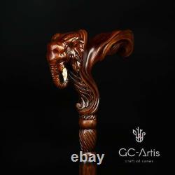 Elephant Cane Wooden Walking Stick Anatomic Palm Grip Handle Wood Carved