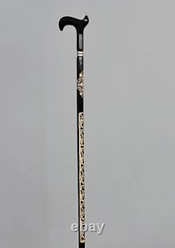 Embroidered Black Wooden Stick, High Quality Unique Walking Stick, Carved Cane
