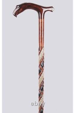 Embroidered Eagle-headed Brown Walking Stick, Hand-carved Wooden Cane, Gift