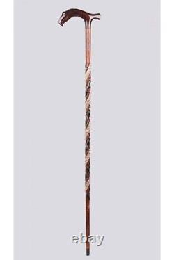Embroidered Eagle-headed Brown Walking Stick, Hand-carved Wooden Cane, Gift