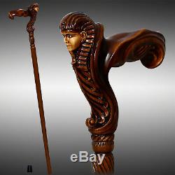 Ergonomic Handle! Wooden Walking Cane Stick Egypt Pharaoh / Tutankhamun / Sphinx