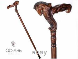 Ergonomic Palm Grip Handle Horse Wooden Cane Walking Stick Wood Carved Walking