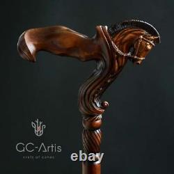 Ergonomic Palm Grip Handle Horse Wooden Cane Walking Stick Wood Carved Walking