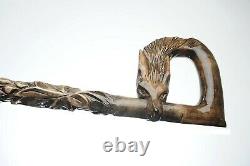 FOX HANDMADE and HAND CARVED WOODEN WALKING STICK CANE HQ PERFECT DETAILS