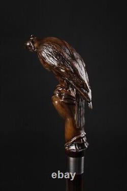 Fancy Wooden Walking Stick Handcarved Falcon Head Handle Cane For Senior & Adult