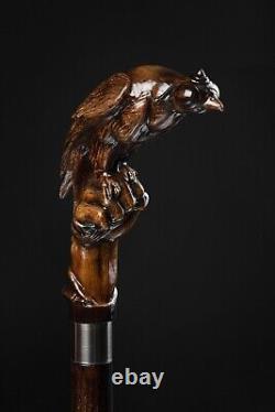 Fancy Wooden Walking Stick Handcarved Falcon Head Handle Cane For Senior & Adult