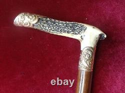 Fine Antique Victorian Stag Handle, Brass & Wood Walking Stick /Cane