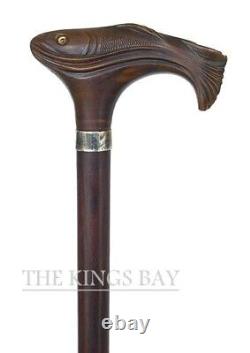 Fish Head Handle Cane Walking Stick Wooden Hand Carved Walking Cane Gift A01