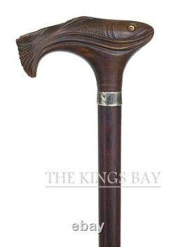 Fish Head Handle Cane Walking Stick Wooden Hand Carved Walking Cane Gift A01