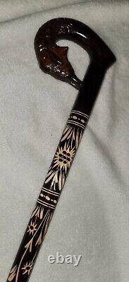 Fox Head WALKING STICK CANE CARVED Handle ESTATE OLD Wooden Hand Animal