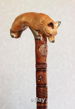 Fox walking cane Hand carved handle and staff Hiking stick Ladies wooden NW61