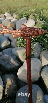 Fully Handmade Wooden Walking Stick Cane fish Palm Grip Ergonomic Handle Animal