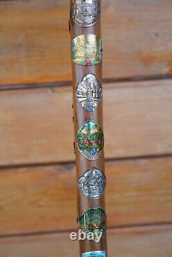 German Ice Walking Memory Stick Wanderstock EUROPEAN Medallions Carved Wooden 3