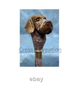 German Wirehaired Pointer Dog Head Handle Carved Wooden Walking Stick Cane Gift