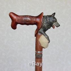 German shepherd dog Wooden Hand Carved Walking stick cane Homemade Hiking
