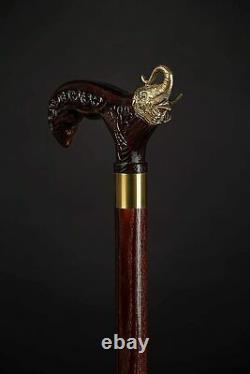 Golden Elephant Cane, Wooden Art Walking Stick, Hiking Hand Carved Can for Gift