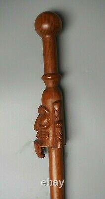 Good Large Vintage Easter Island Carved Wooden Oceanic Moai Walking Stick W Face