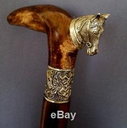 HORSE Cane Walking Stick Wooden BURL Handmade Men's Accessories Bronze parts