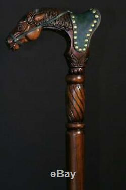 Hand Art Wooden Cane Walking Stick Horse with Saddle Wood & Leather Work